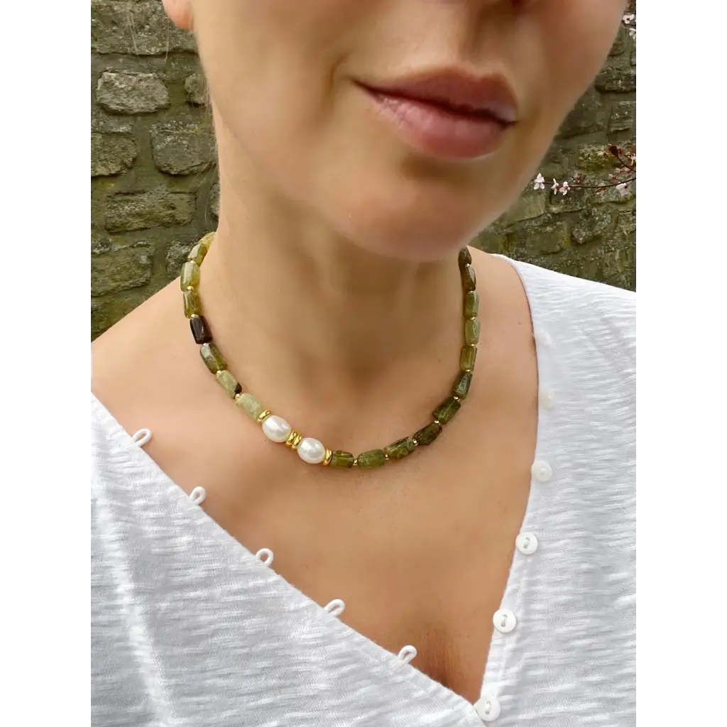 Green garnet beaded necklace statement gemstone and pearl
