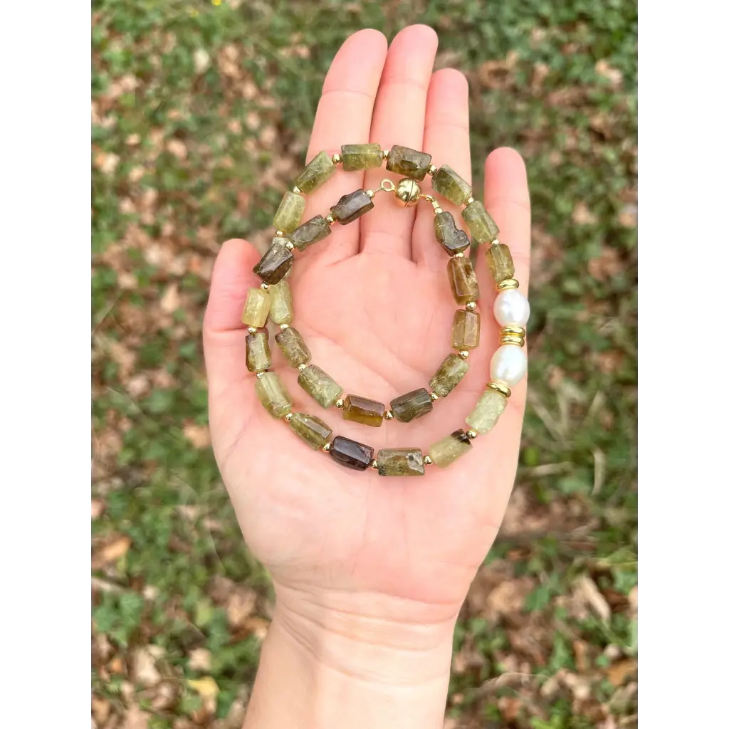 Green garnet beaded necklace statement gemstone and pearl