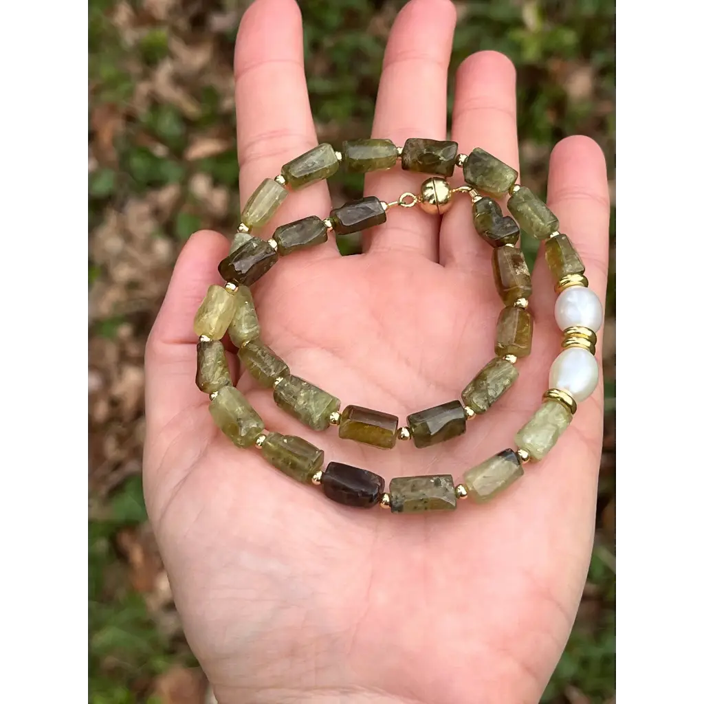 Green garnet beaded necklace statement gemstone and pearl