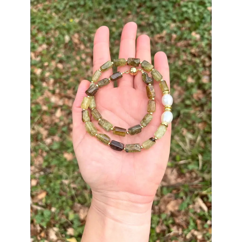 Green garnet beaded necklace statement gemstone and pearl