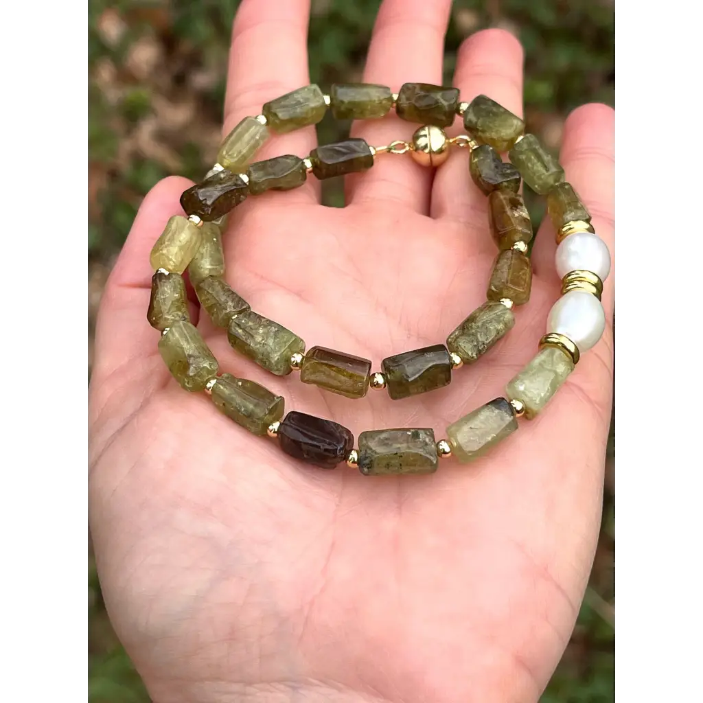 Green garnet beaded necklace statement gemstone and pearl