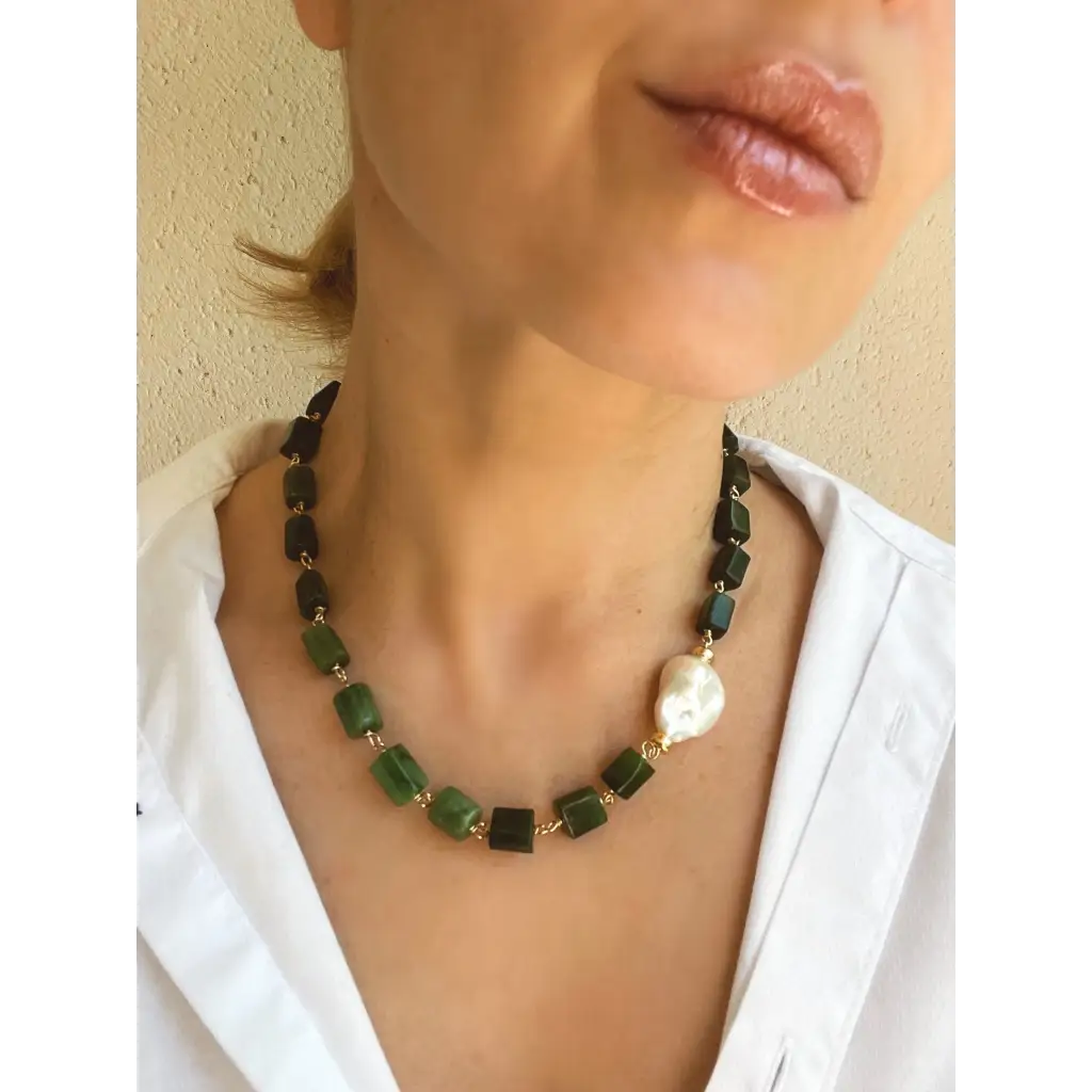 Green jade and baroque pearl statement necklace jade jewelry