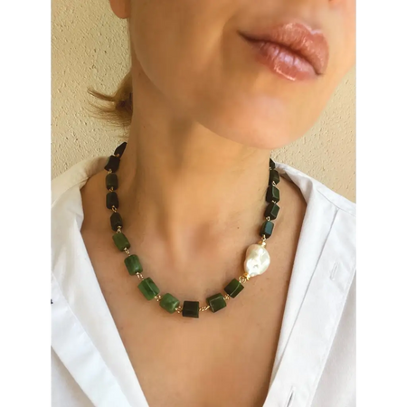 Green jade and baroque pearl statement necklace jade jewelry