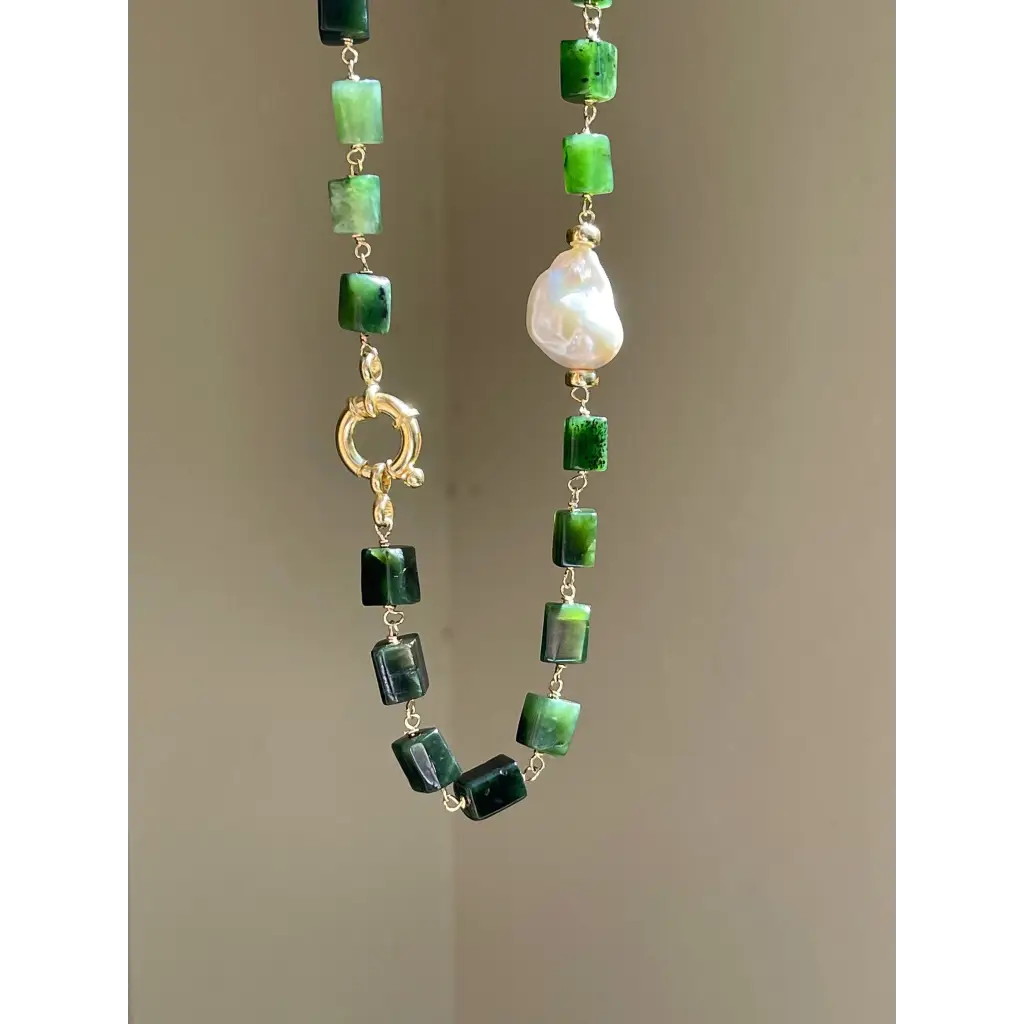 Green jade and baroque pearl statement necklace jade jewelry