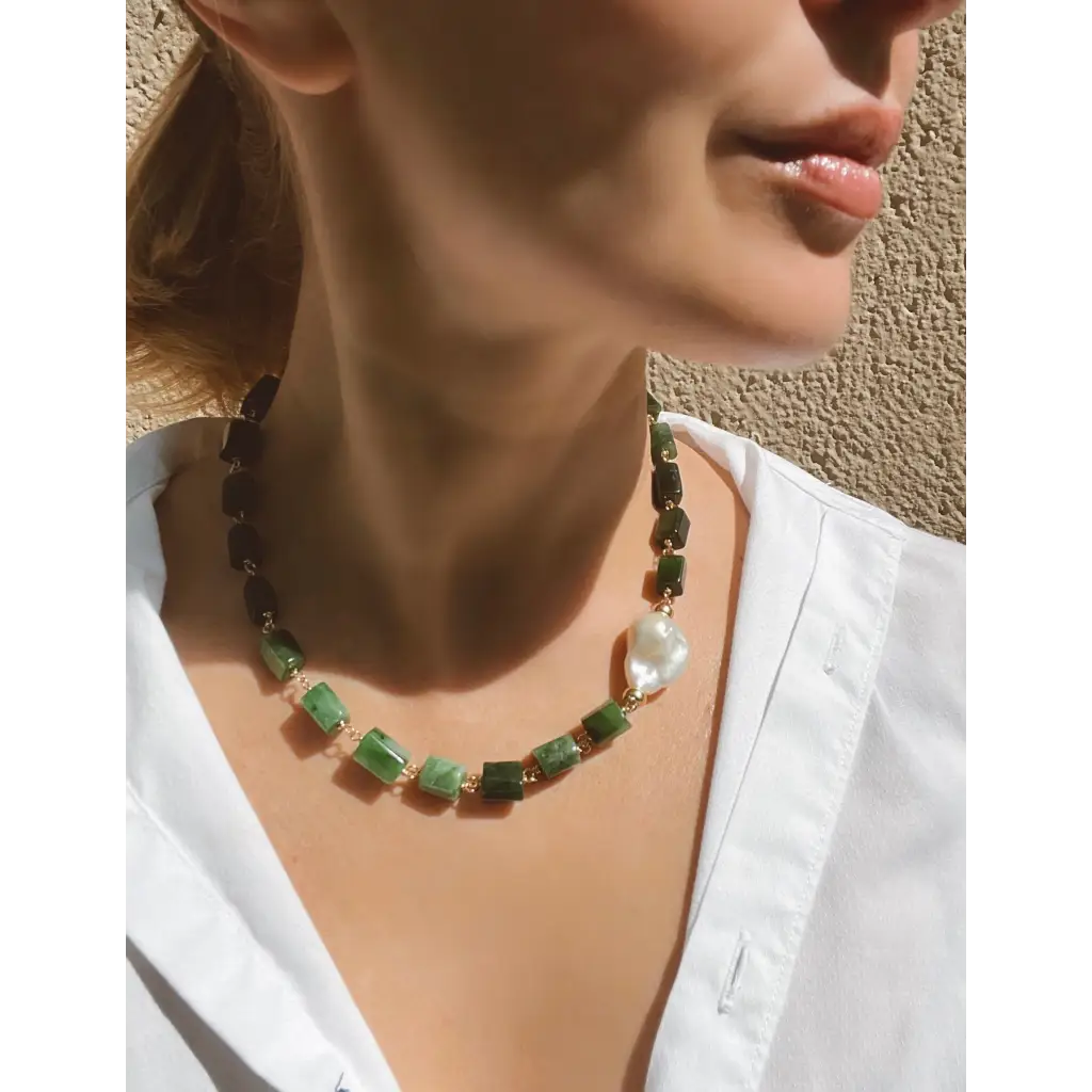 Green jade and baroque pearl statement necklace jade jewelry