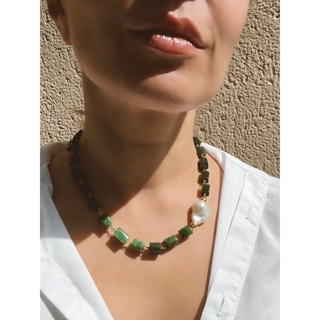 Green jade and baroque pearl statement necklace jade jewelry