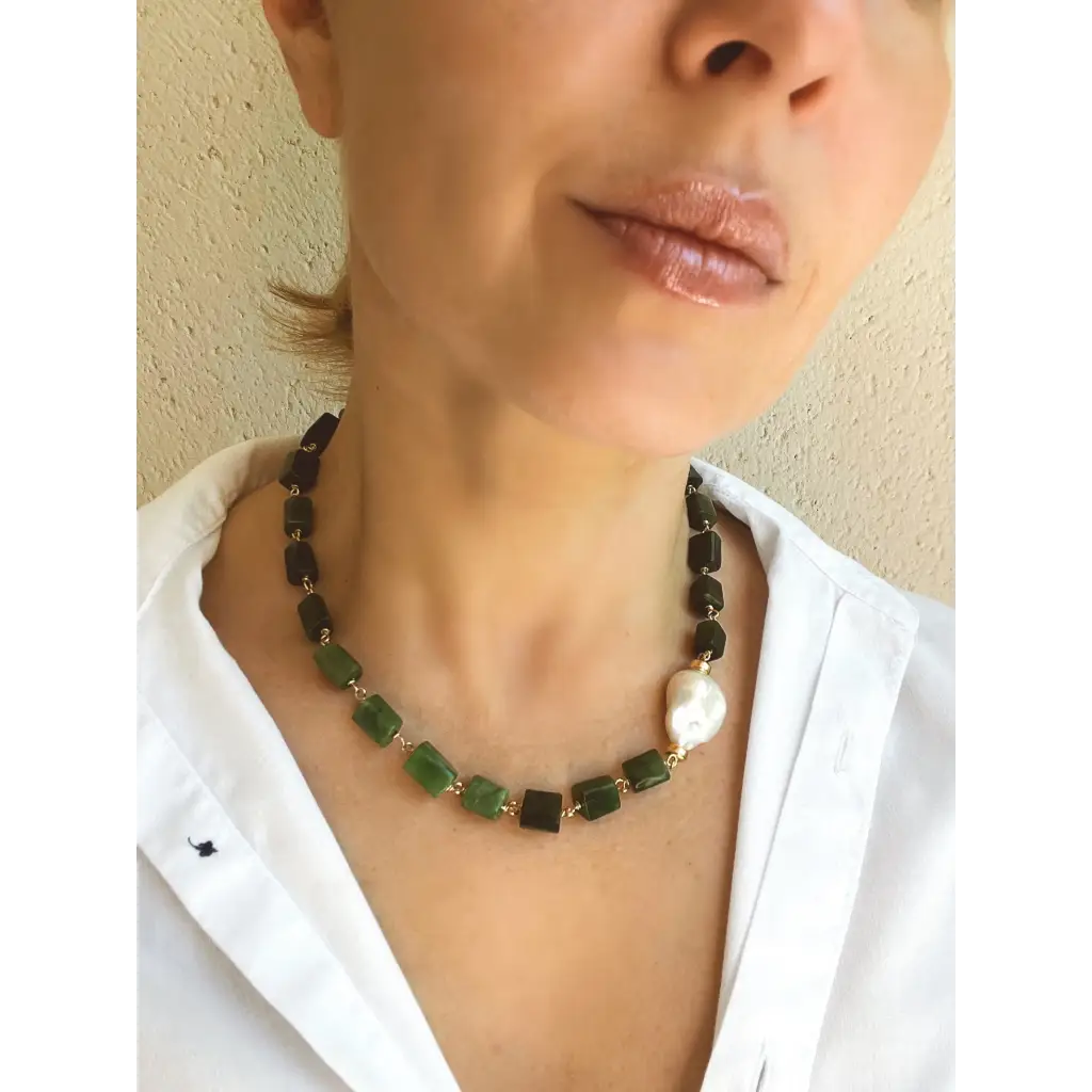 Green jade and baroque pearl statement necklace jade jewelry