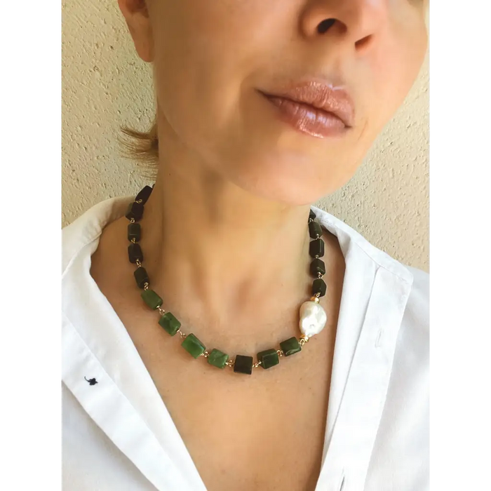Green jade and baroque pearl statement necklace jade jewelry