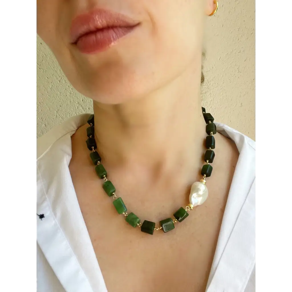 Green jade and baroque pearl statement necklace jade jewelry