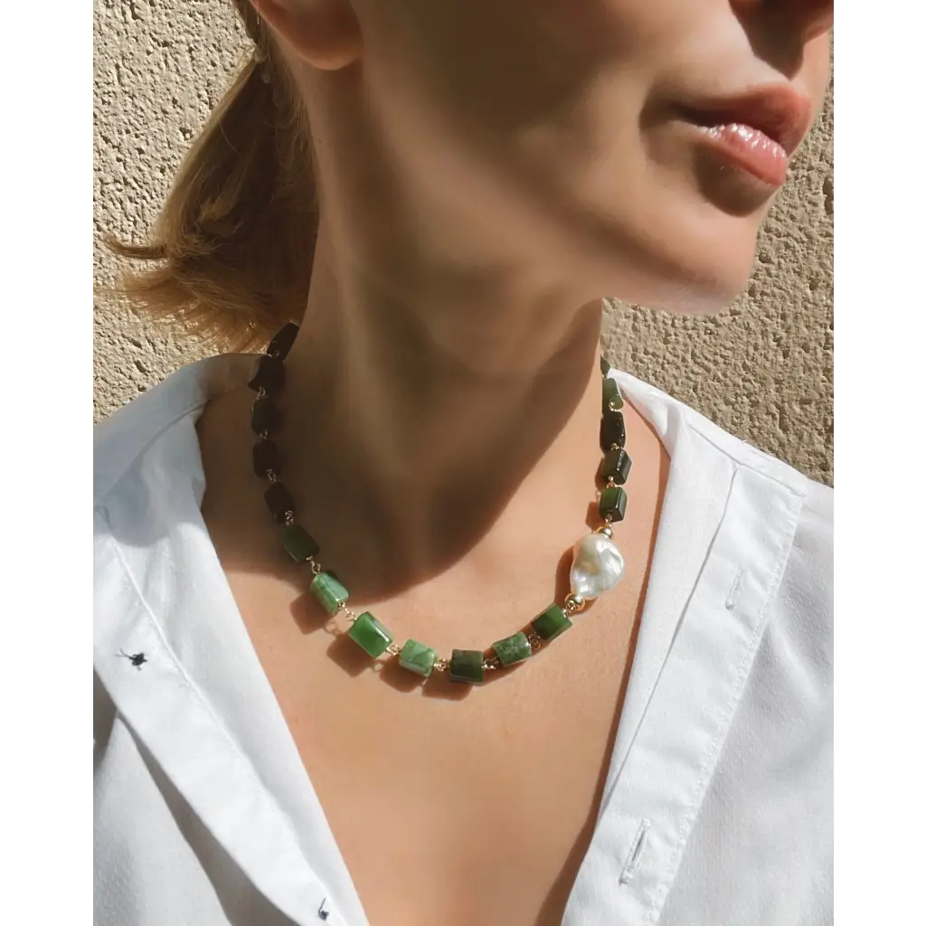 Green jade and baroque pearl statement necklace jade jewelry