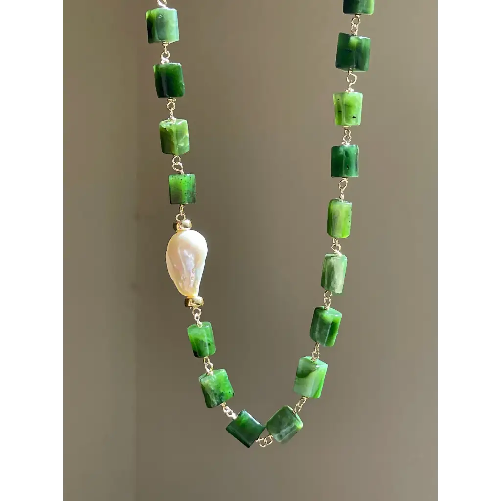 Green jade and baroque pearl statement necklace jade jewelry