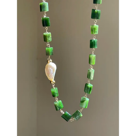 Green jade and baroque pearl statement necklace jade jewelry