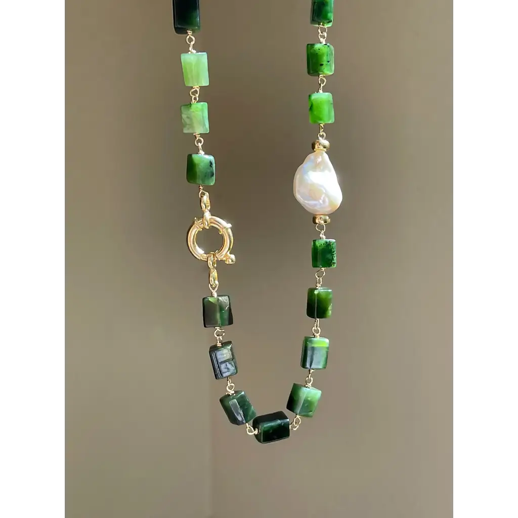 Green jade and baroque pearl statement necklace jade jewelry
