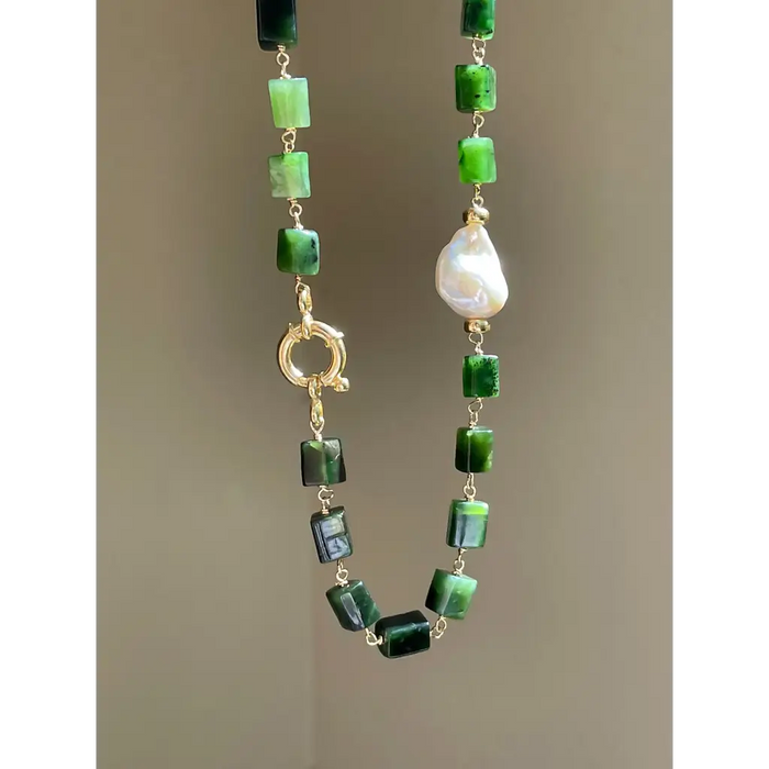 Green jade and baroque pearl statement necklace jade jewelry