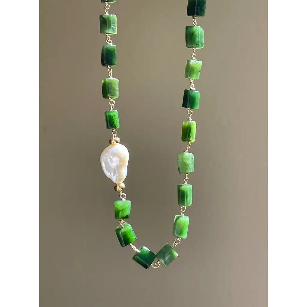 Green jade and baroque pearl statement necklace jade jewelry