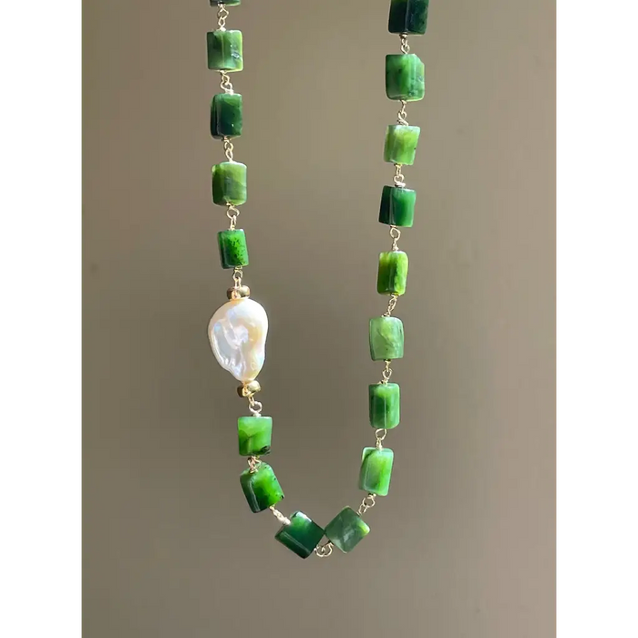 Green jade and baroque pearl statement necklace jade jewelry gemston