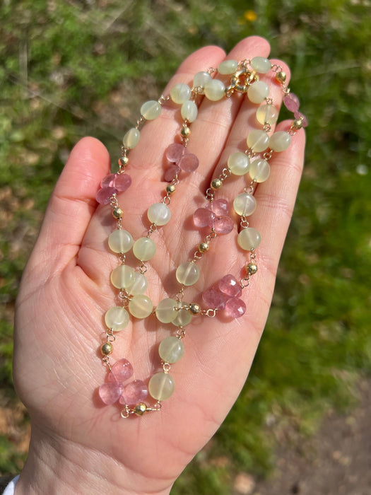 Green Jade And Strawberry Quartz Gemstone Necklace Crystal