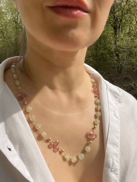 Green Jade And Strawberry Quartz Gemstone Necklace Crystal