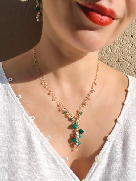 Green Onyx and Peruvian Opal Lariat Necklace Chains