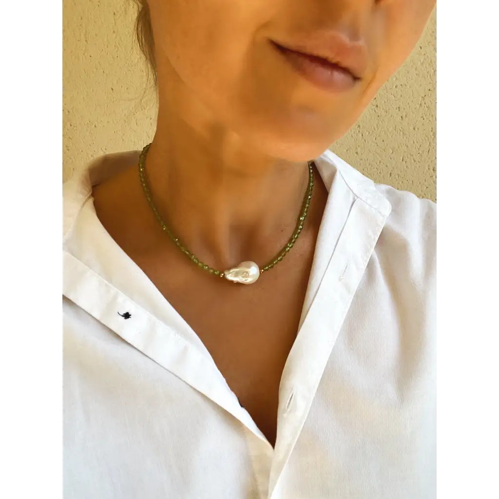 Green Peridot and Baroque Pearl Necklace Green necklace