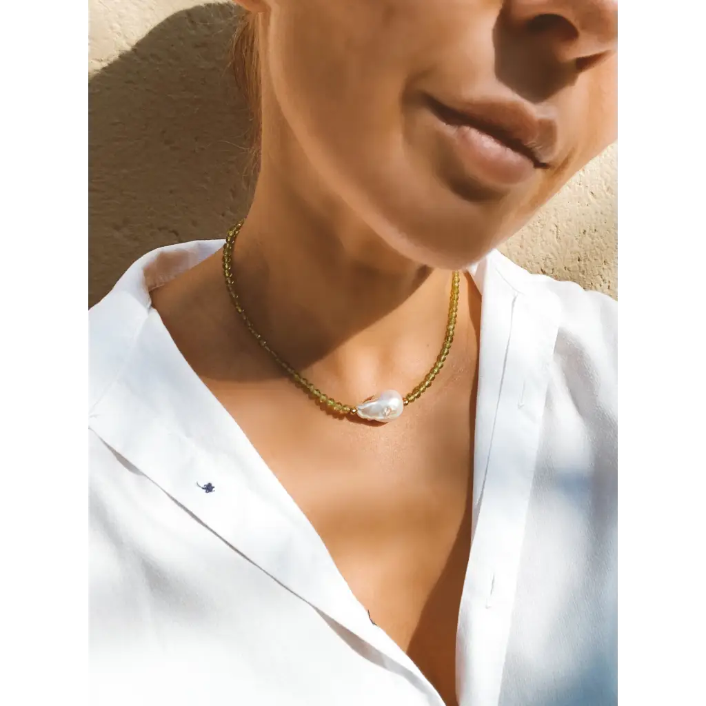 Green Peridot and Baroque Pearl Necklace Green necklace