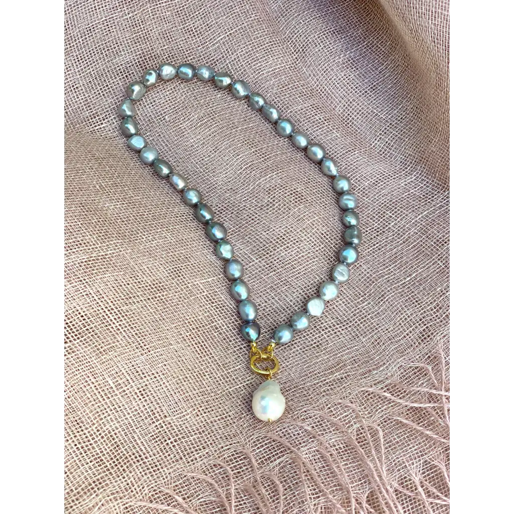 Grey pearl necklace with white baroque pearl pendant gold