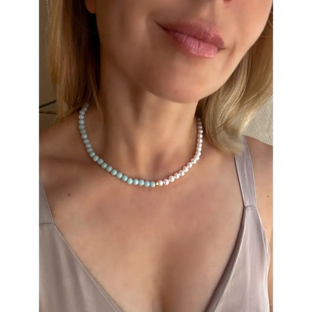 Half pearl half amazonite beaded necklace fashion asymmetric