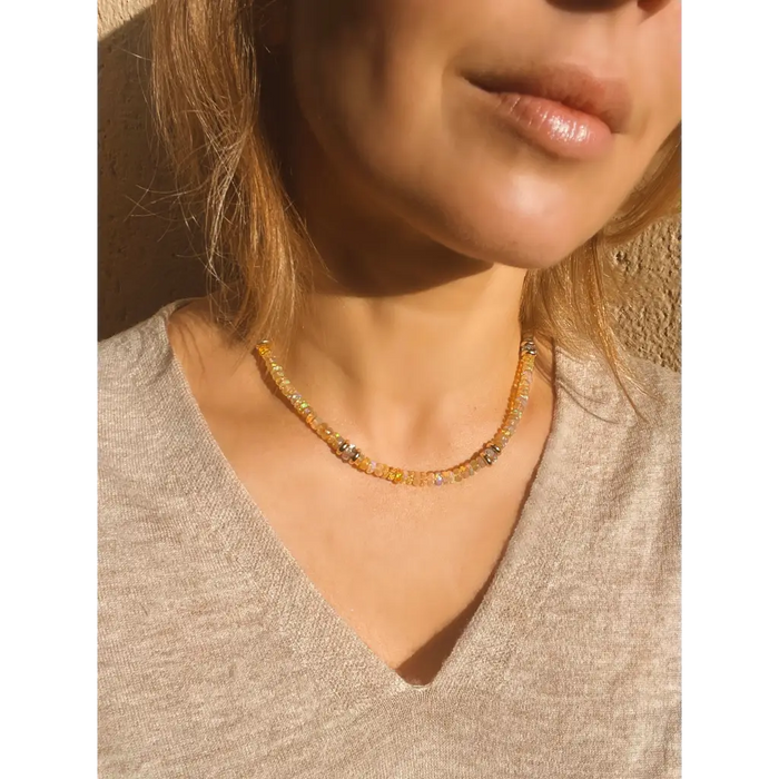Honey Ethiopian Opal and London blue topaz gemstone necklace