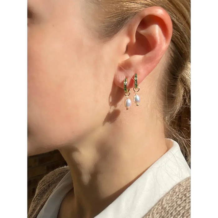 Huggie hoop earrings with pearl charm small hoop earrings with green