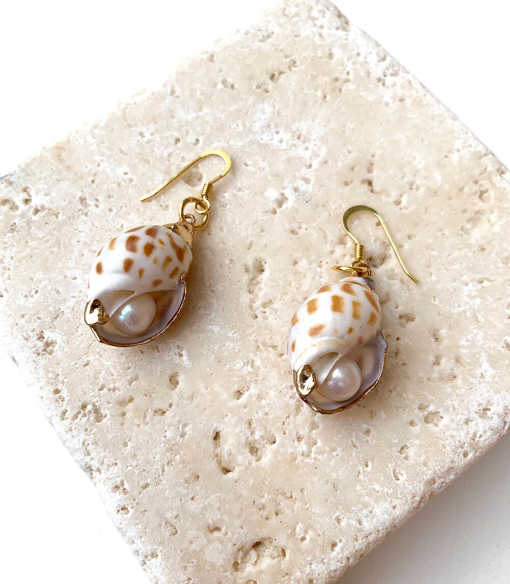 Shells and Pearl Gold Plated Silver Earrings, Sea snail shells, real pearls