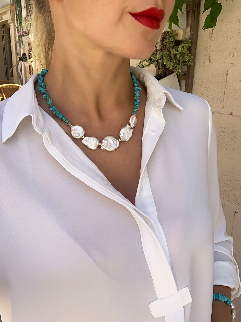 Turquoise howlite and Baroque Pearls Necklace, Summer Necklace, Turquoise Jewelry, Natural Stones