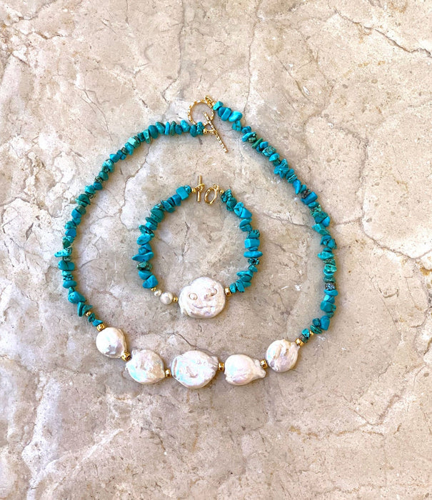 Turquoise howlite and Baroque Pearls Necklace, Summer Necklace, Turquoise Jewelry, Natural Stones