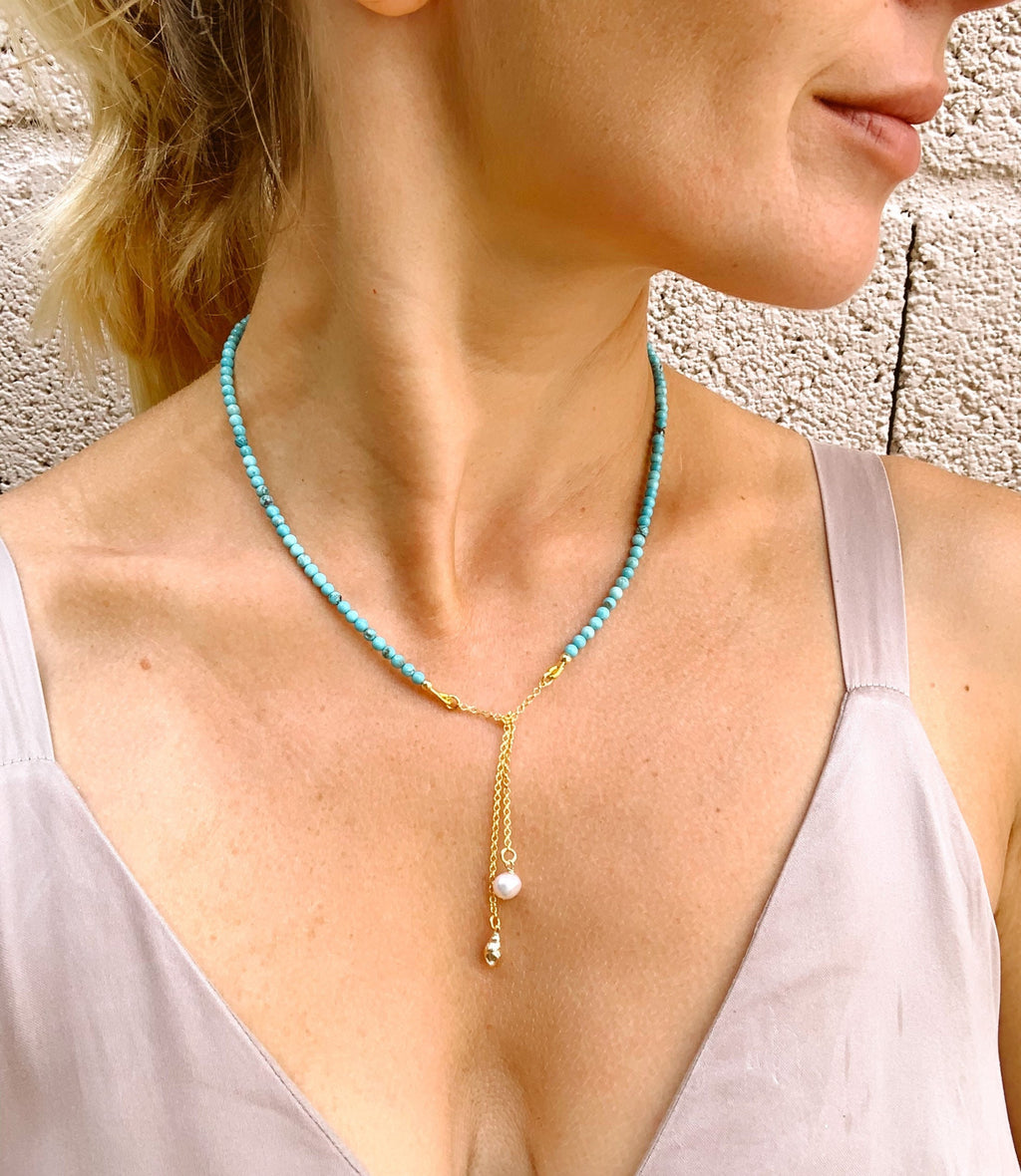 Turquoise, pearl and gold plated silver necklace with shell pendant