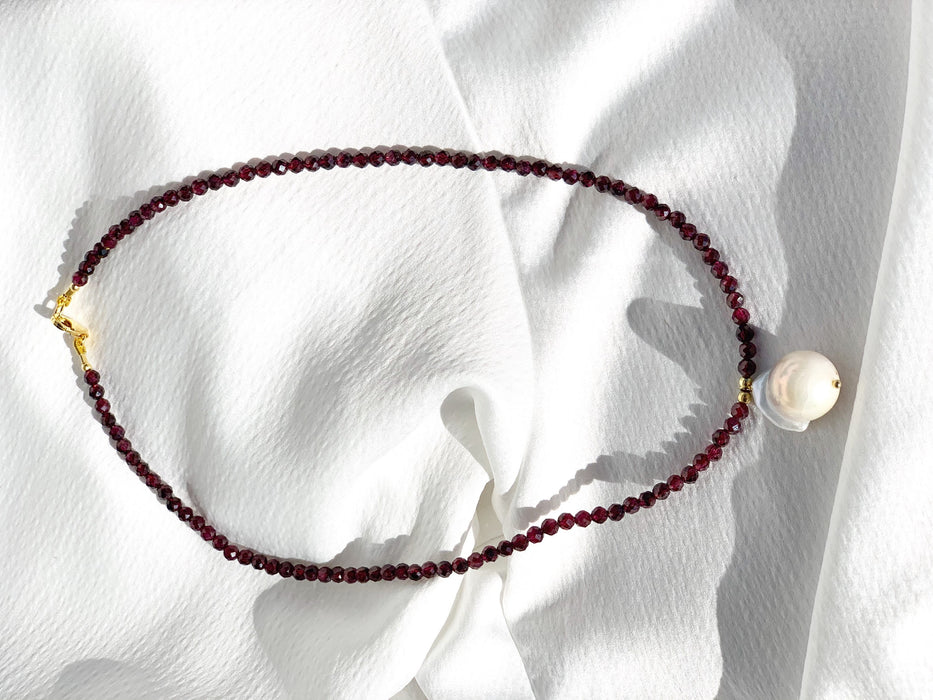 Garnet and baroque pearl classic necklace, gold plated silver