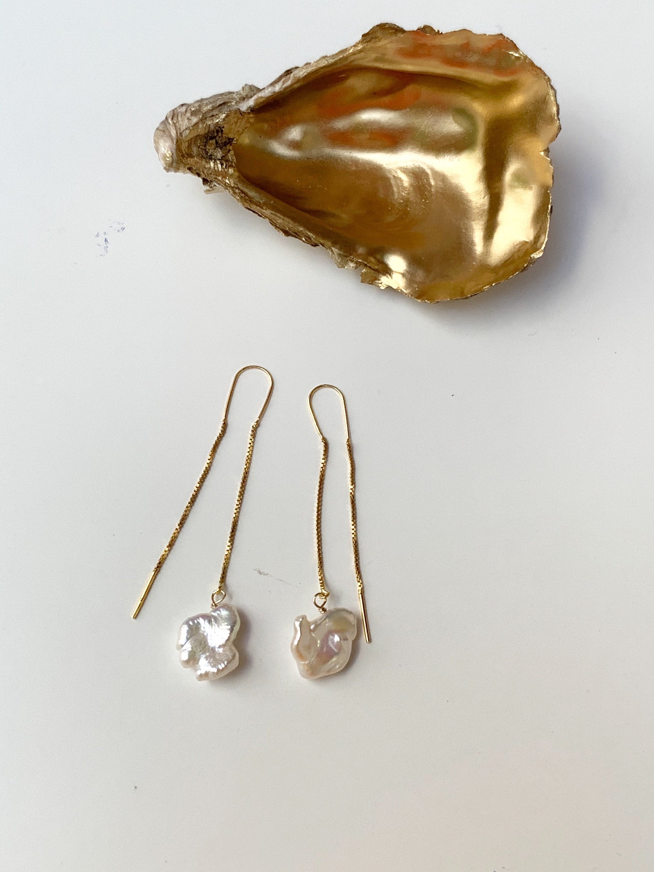 Single keshi pearl and gold plated silver drop earrings, chain earrings