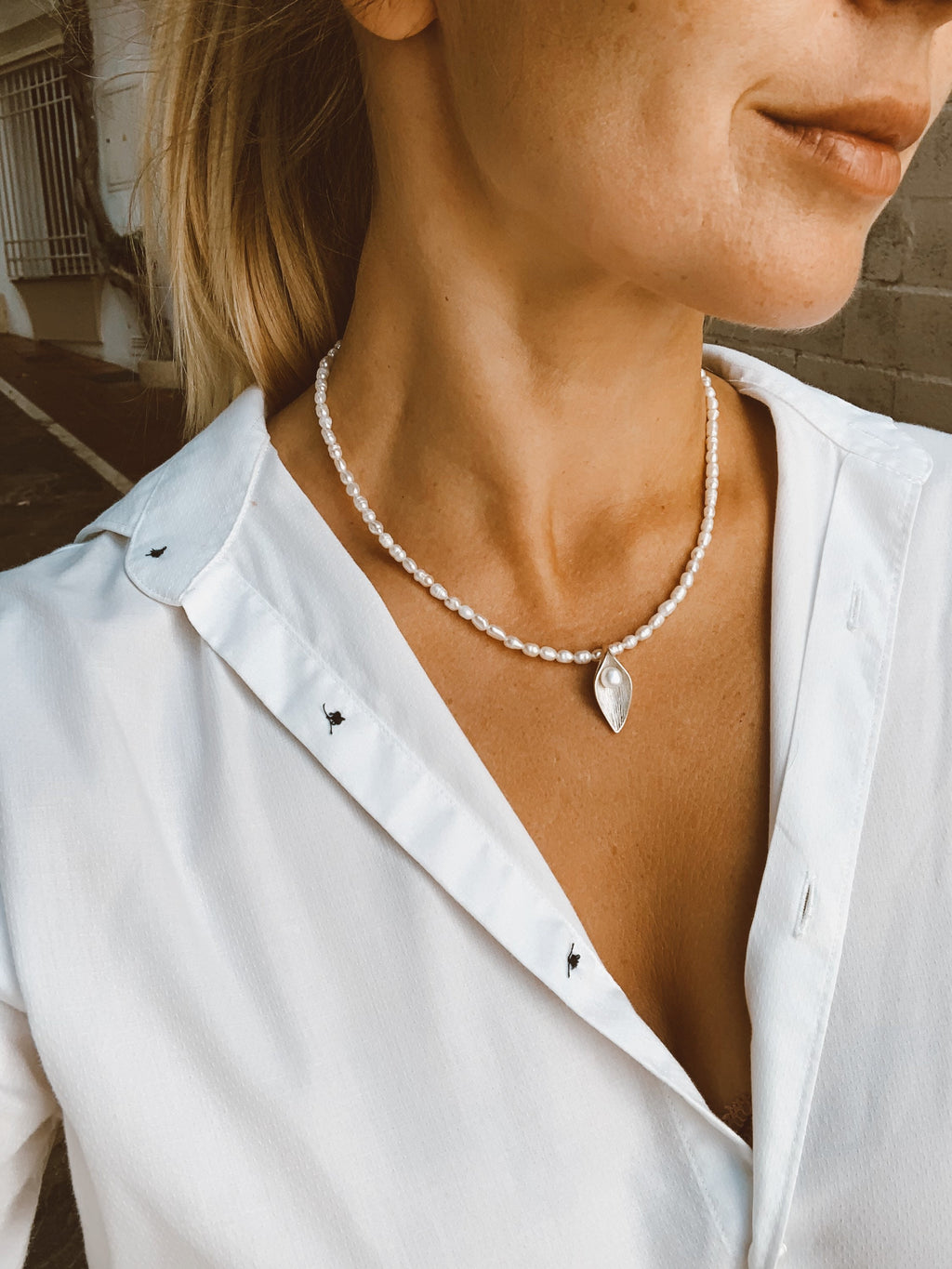Mini rice pearls necklace with silver charm, classic natural pearl necklace