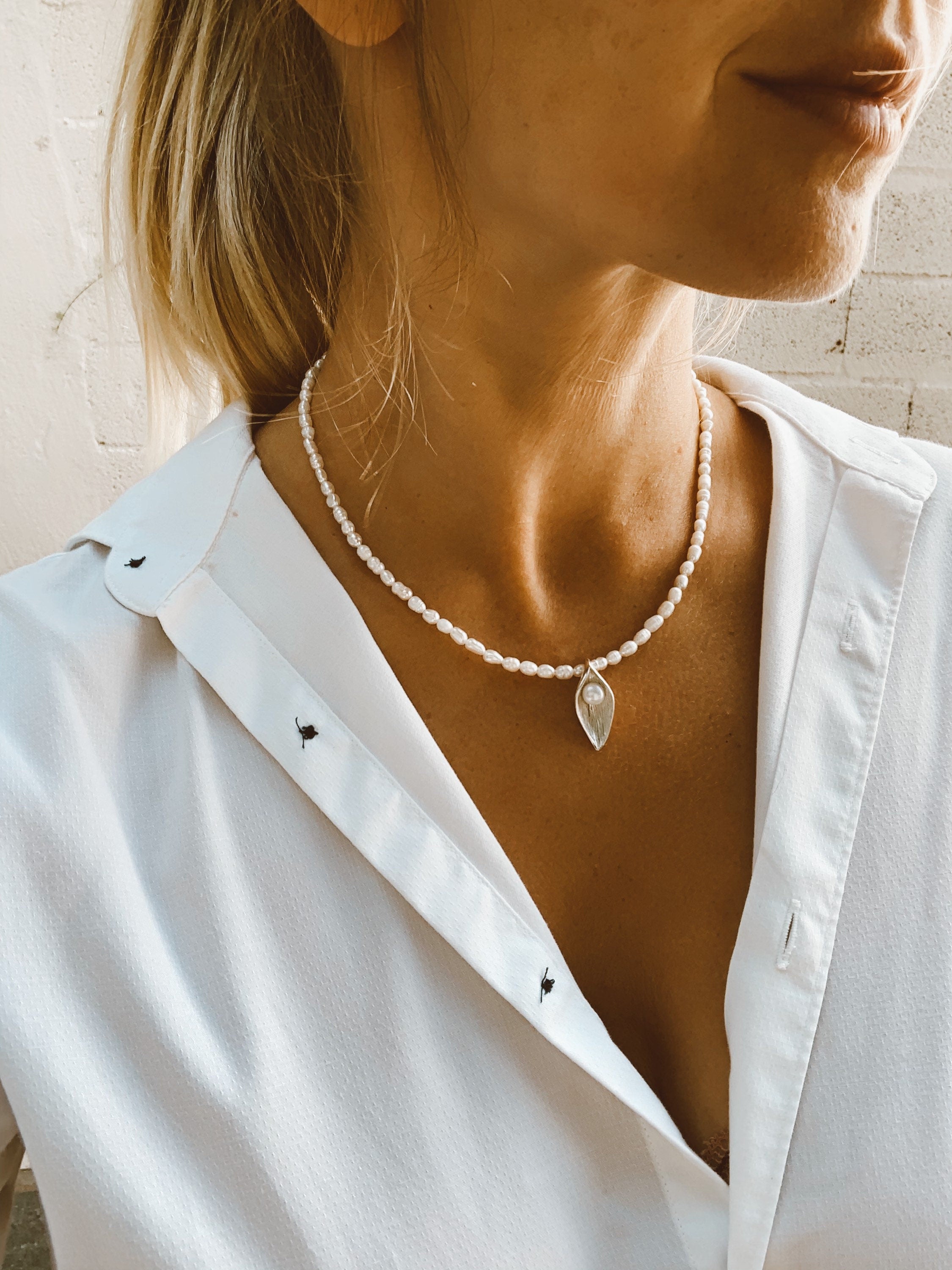 Mini rice pearls necklace with silver charm, classic natural pearl necklace