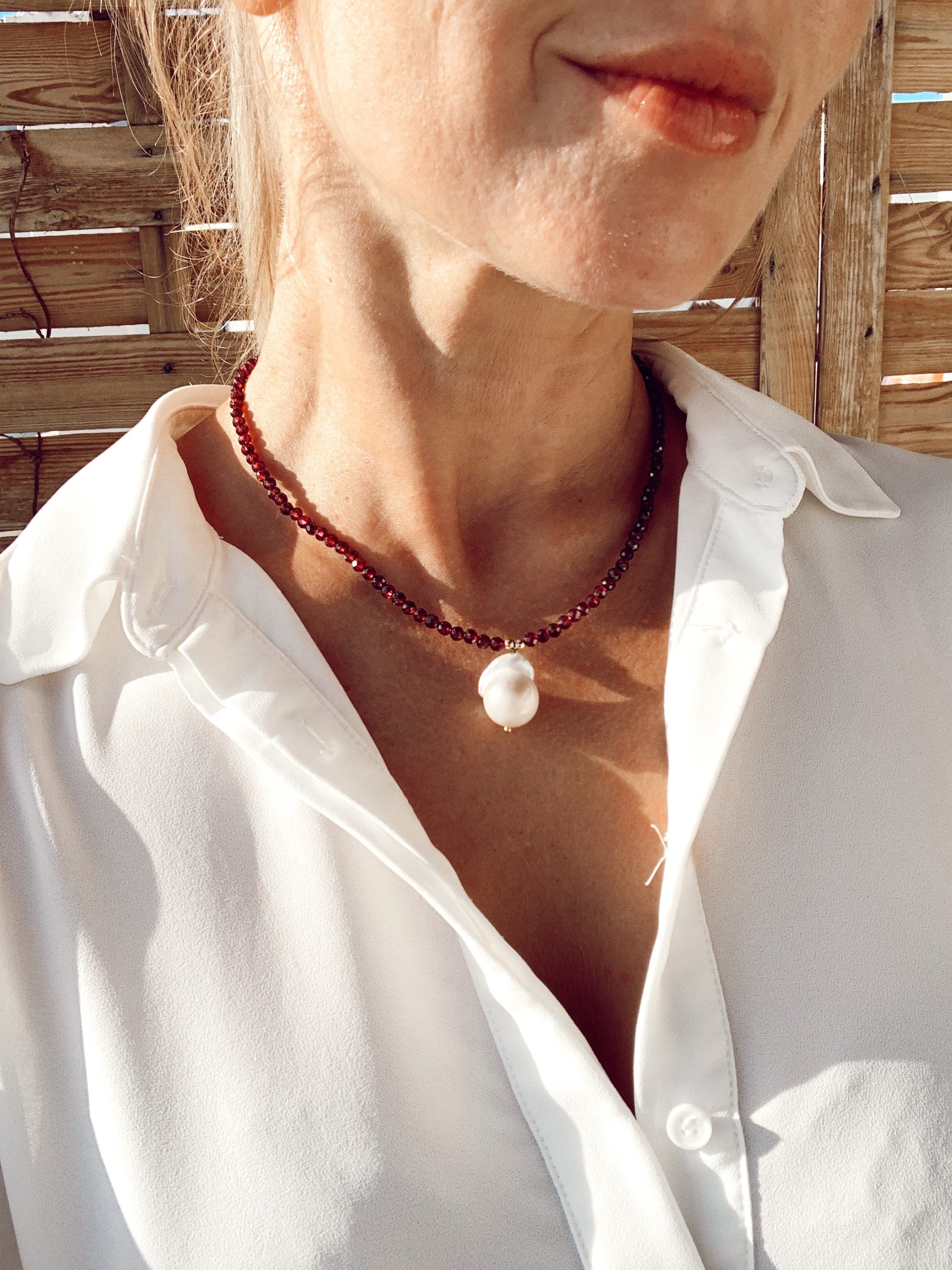 Garnet and baroque pearl necklace