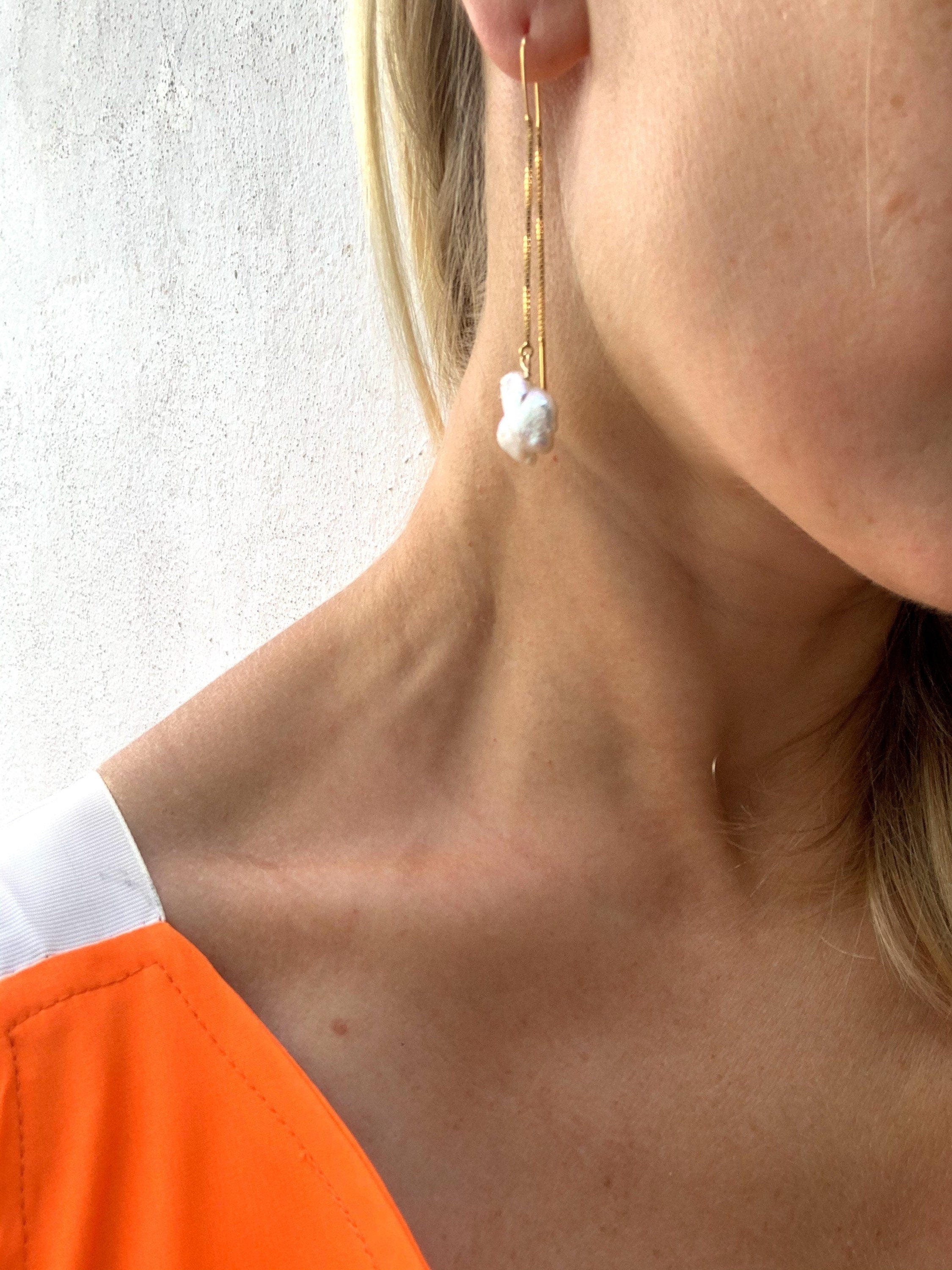 Single keshi pearl and gold plated silver drop earrings, chain earrings