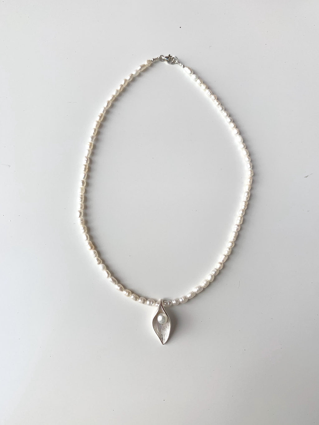 Mini rice pearls necklace with silver charm, classic natural pearl necklace