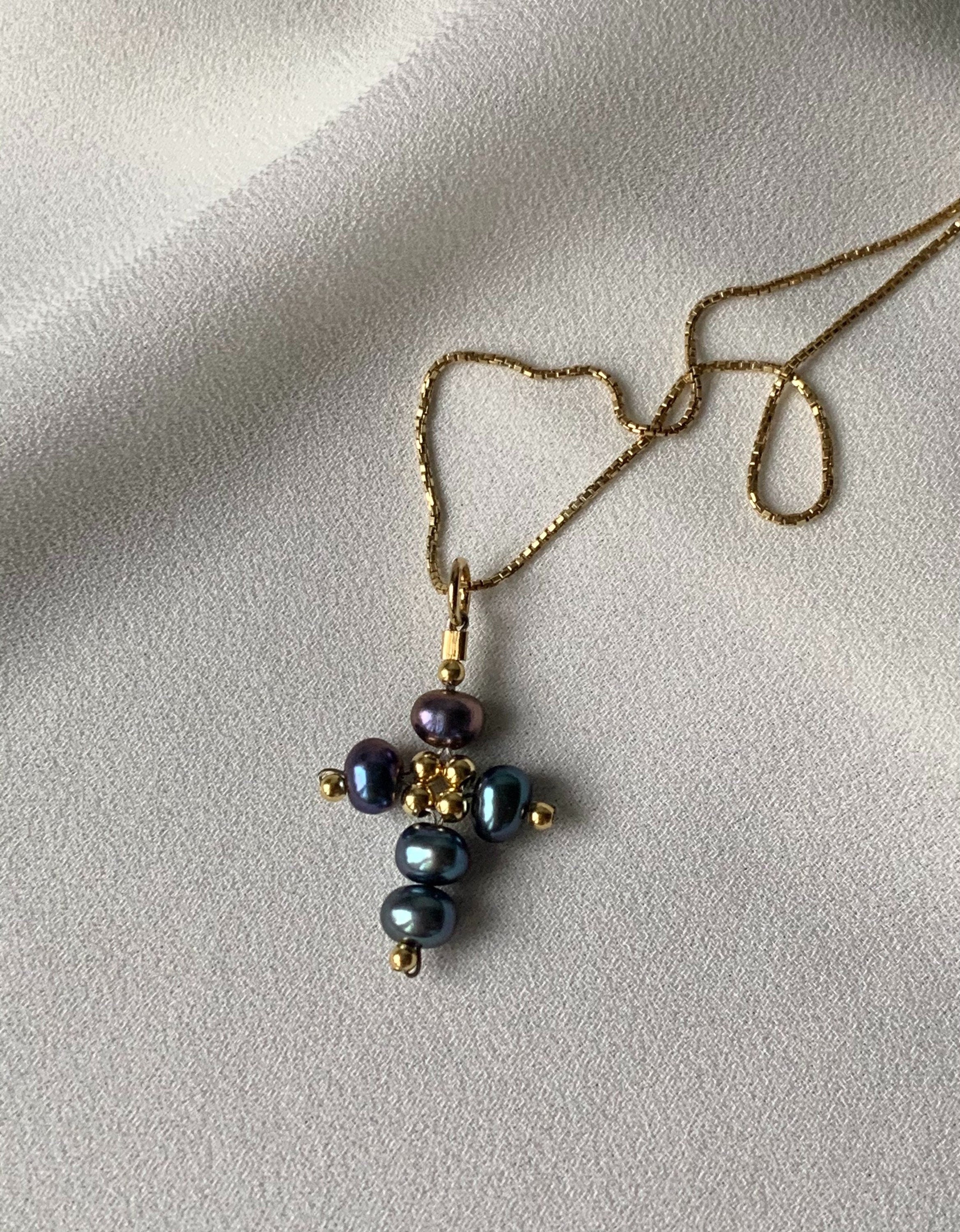 Cross necklace, black pearl cross on a chain, gold filled 925 silver