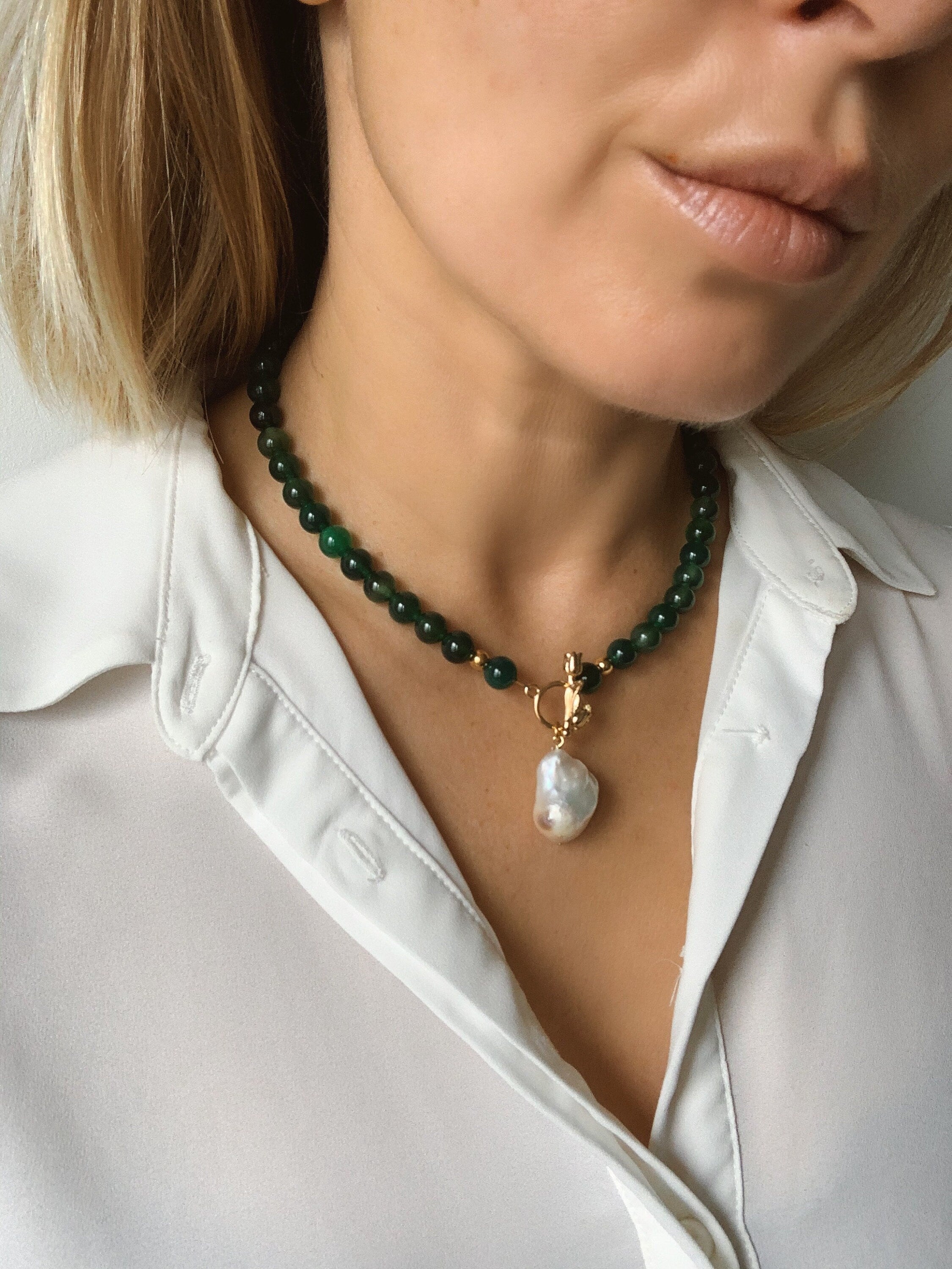 Dark Green Agate and Pearl Beaded Necklace “Seraphine”