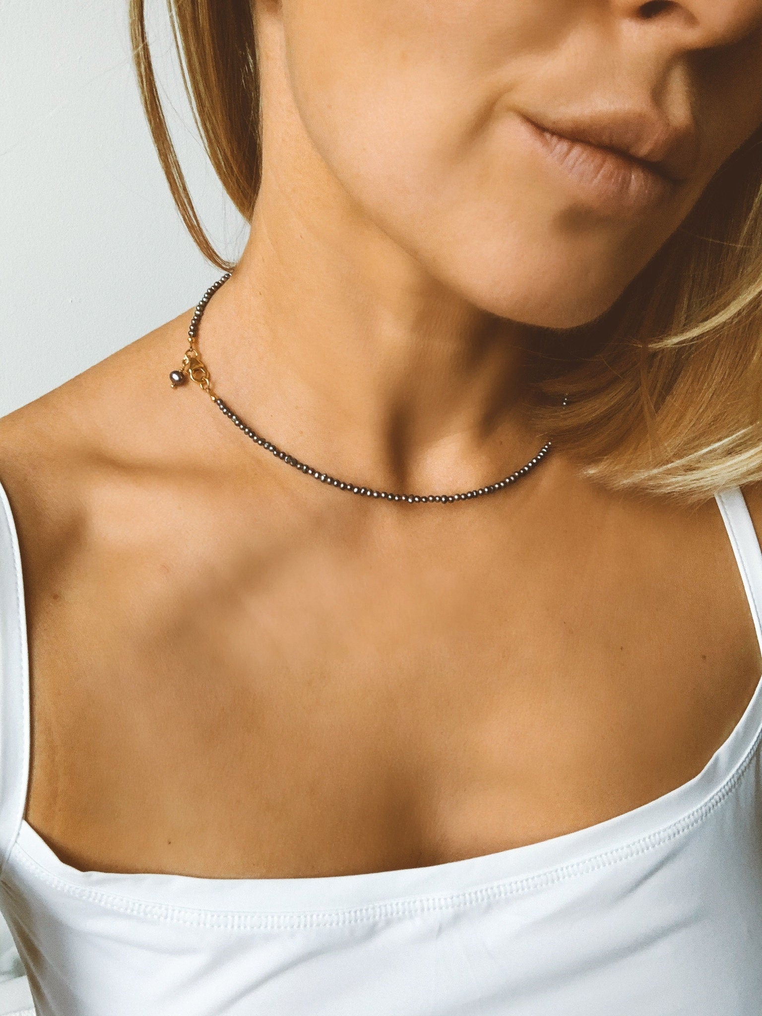Black mini pearl necklace, genuine pearls, gold filled 925 silver or solid 18k gold