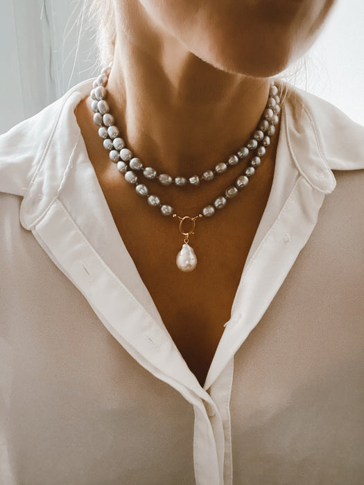 Long grey pearl necklace with baroque pearl charm