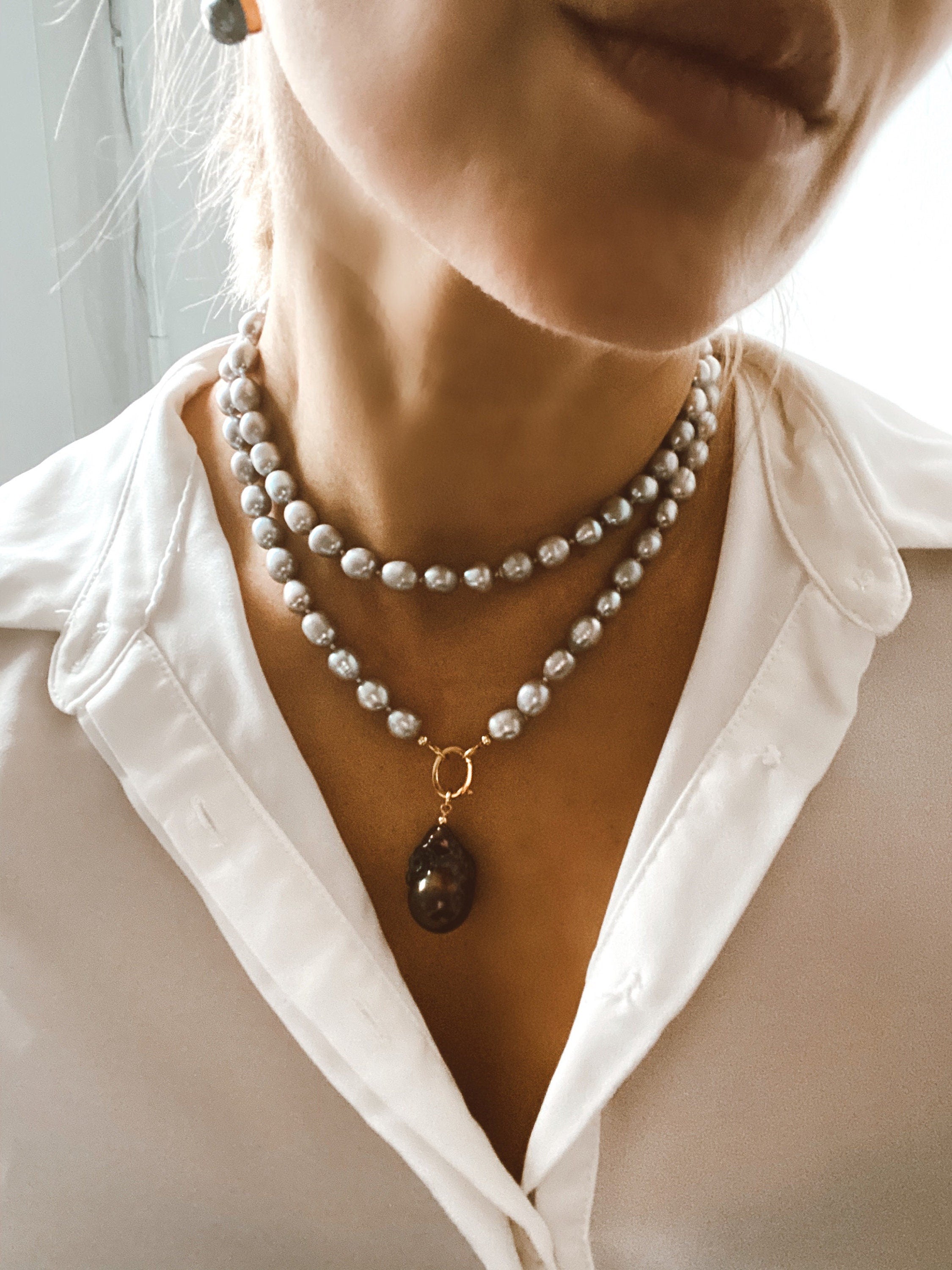 Long grey pearl necklace with baroque pearl charm