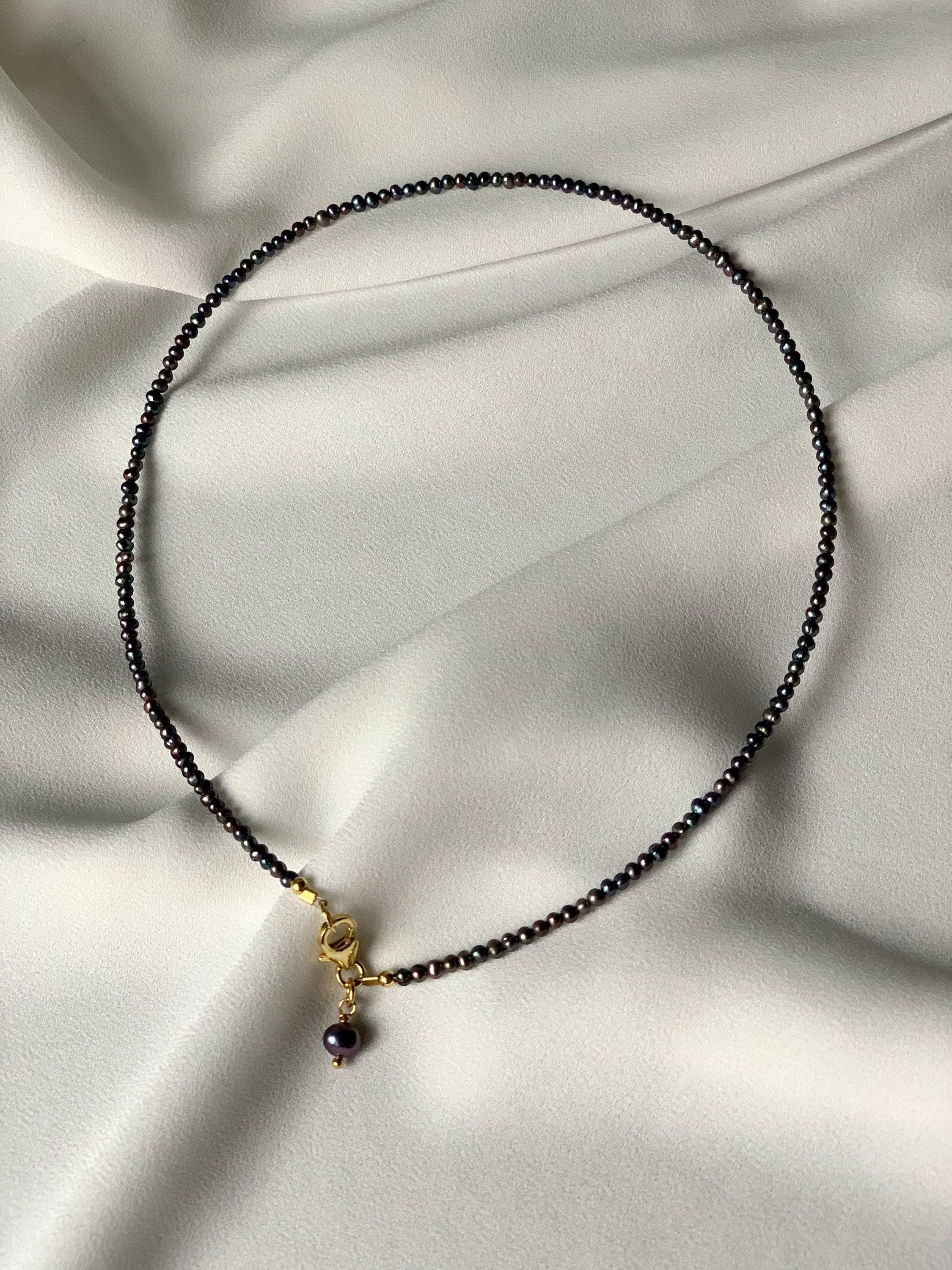 Black mini pearl necklace, genuine pearls, gold filled 925 silver or solid 18k gold