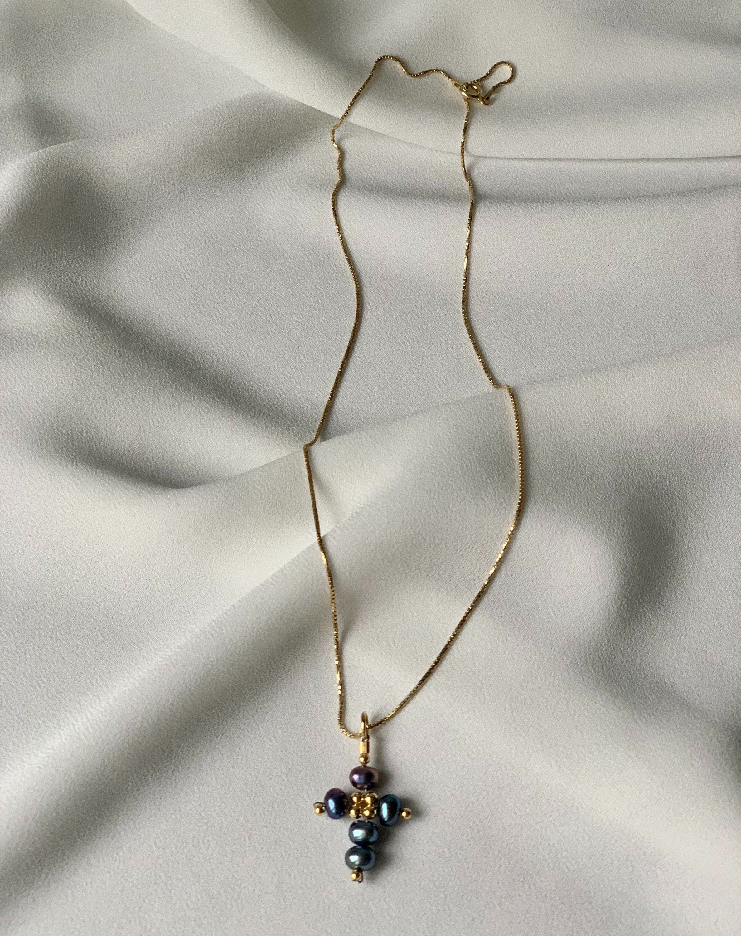 Cross necklace, black pearl cross on a chain, gold filled 925 silver