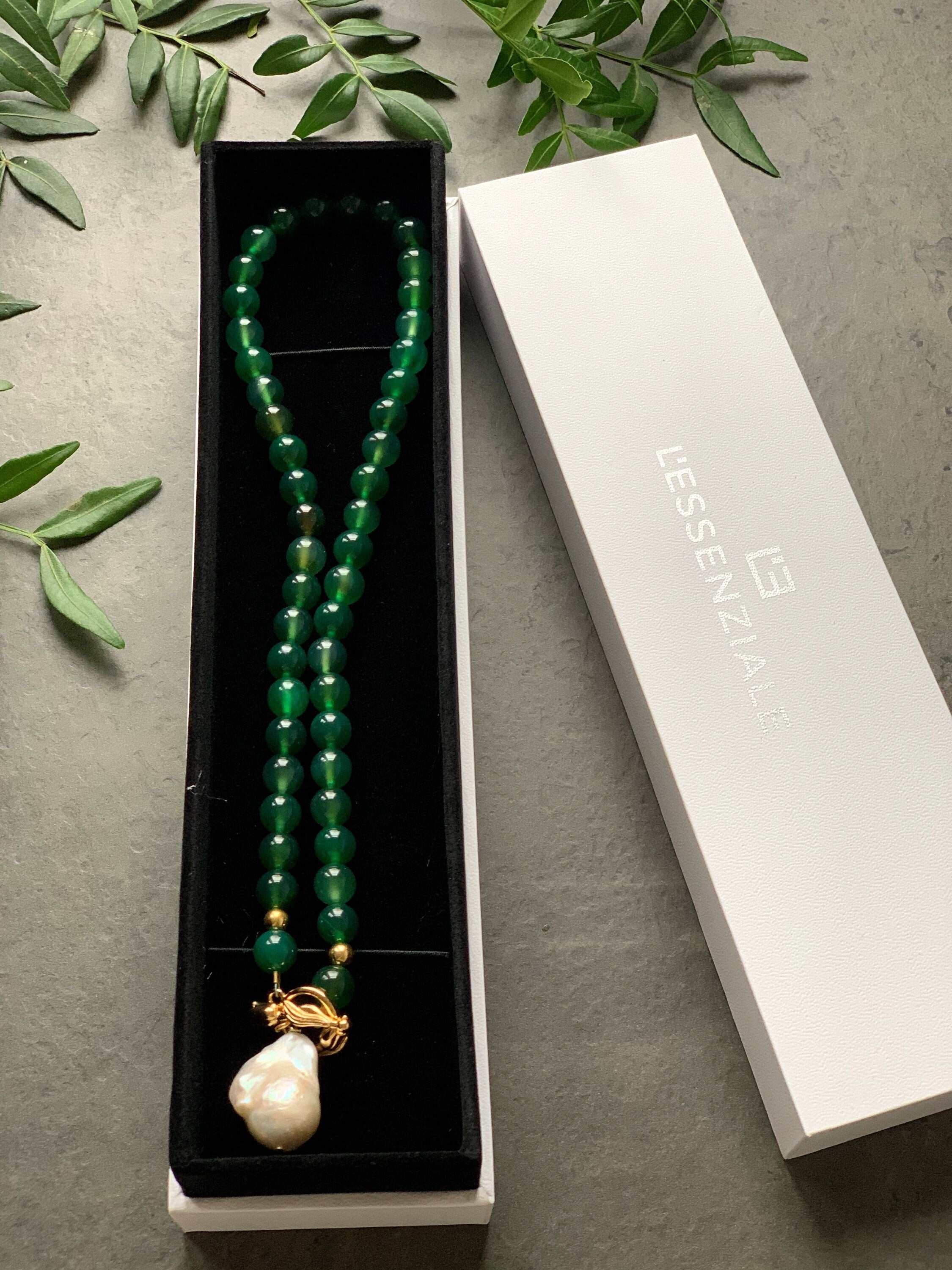 Dark Green Agate and Pearl Beaded Necklace “Seraphine”