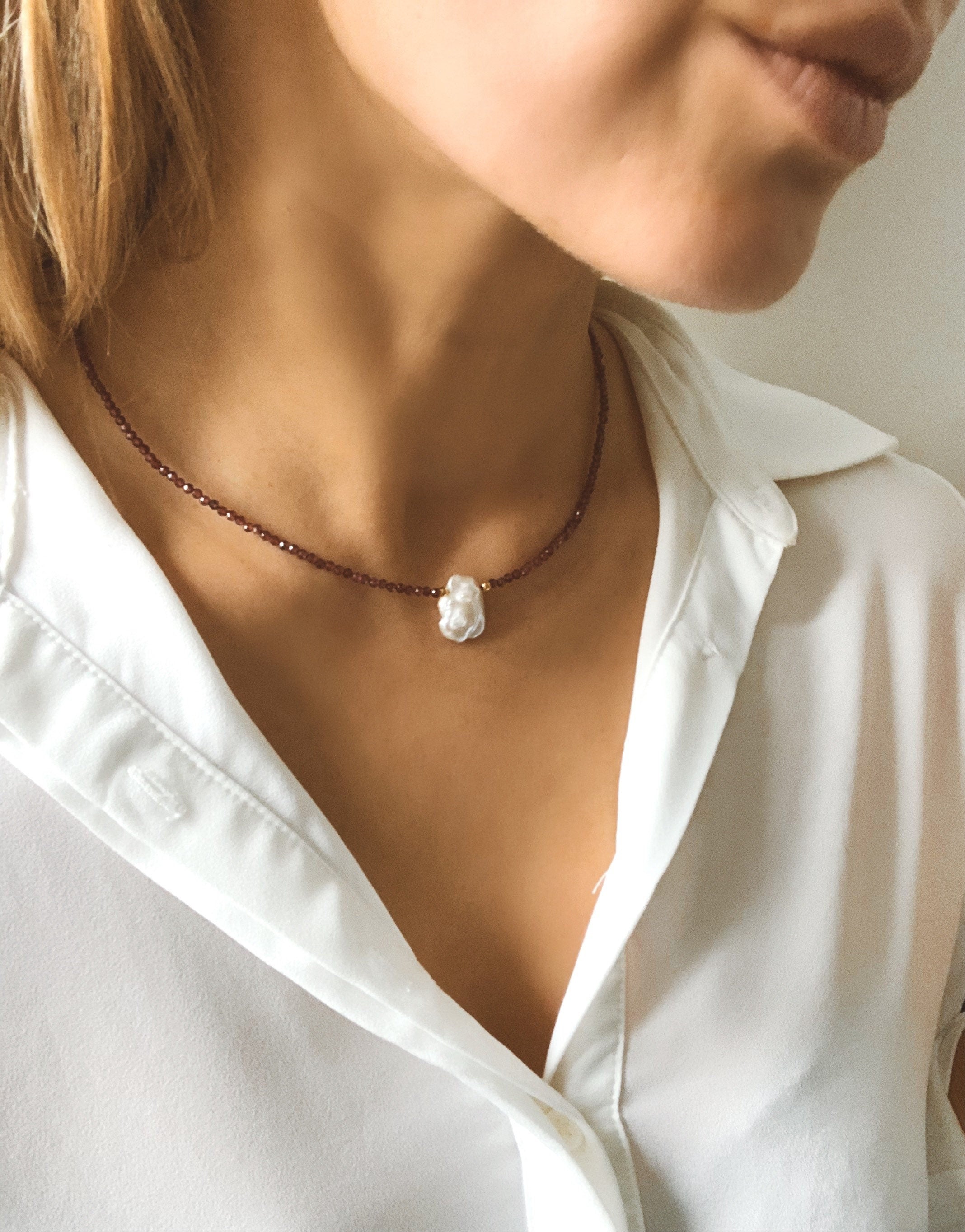 Natural garnet and single keshi pearl necklace, gemstone choker