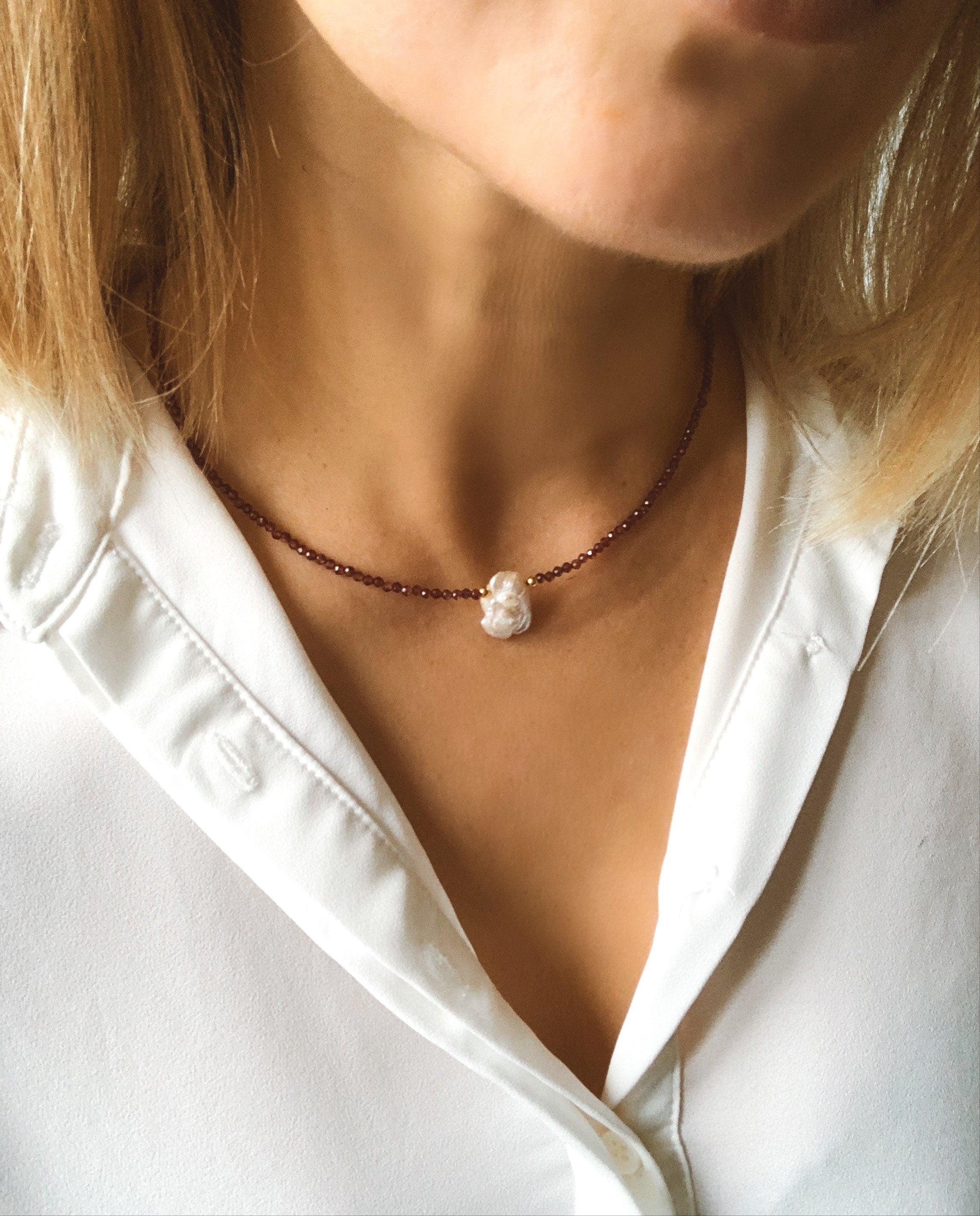 Natural garnet and single keshi pearl necklace, gemstone choker
